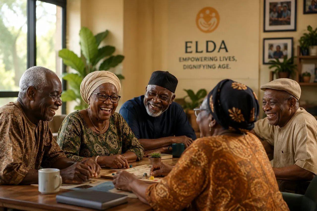 Older Nigerian adults sharing tea and laughing around a table